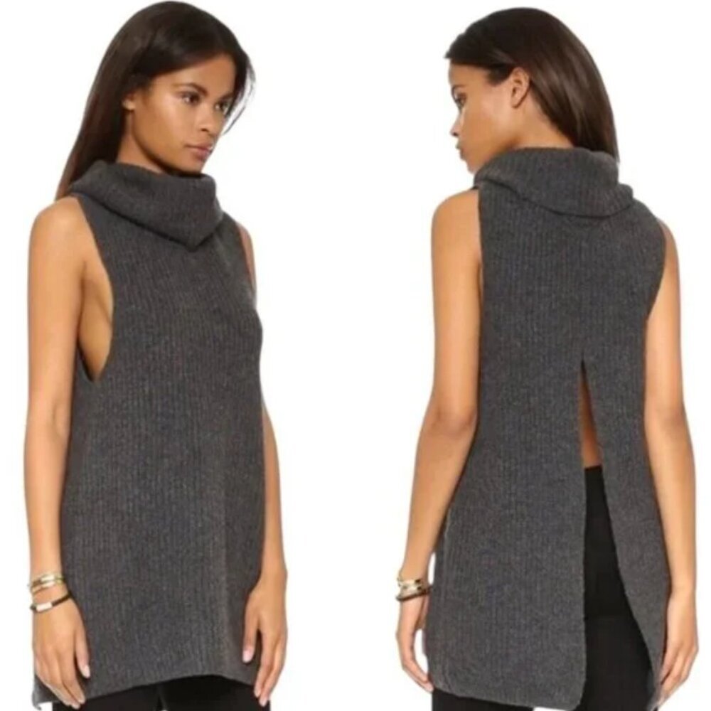 Free People Gray Need It Now Lambswool Turtleneck Sweater S Split Back Small - Picture 1 of 7